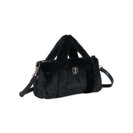 Sac à main bowling habillé d'une imitation fourrure noire et 2 anses courtes - Image 2