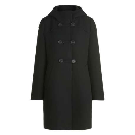 Manteau mi-long noir à double boutonnage pourvu d'une capuche