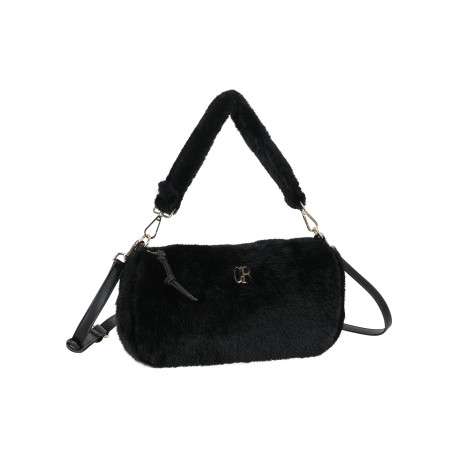 Sac à main recouvert d'une fausse fourrure noire à anse courte amovible - Image 2