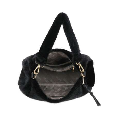 Sac à main recouvert d'une fausse fourrure noire à anse courte amovible - Image 4