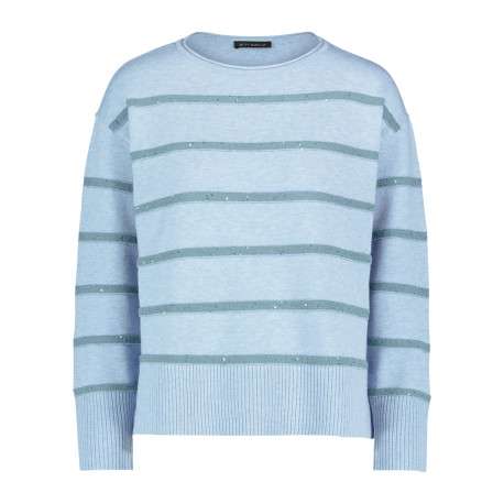 Pull bleu à rayures texturées avec une coupe droite et des manches longues