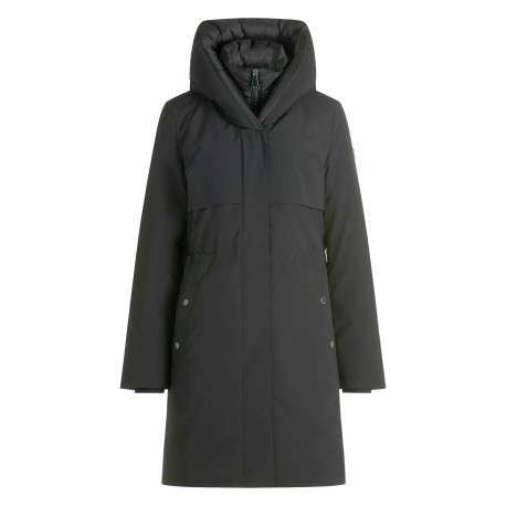 Parka noire bi-matière à coupe droite munie d'une capuche et un col montant