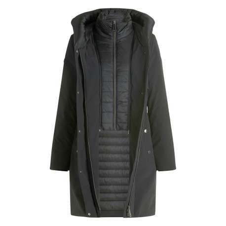 Parka noire bi-matière à coupe droite munie d'une capuche et un col montant - Image 2