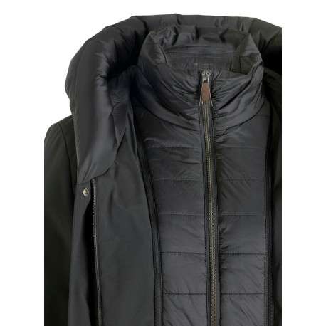 Parka noire bi-matière à coupe droite munie d'une capuche et un col montant - Image 4