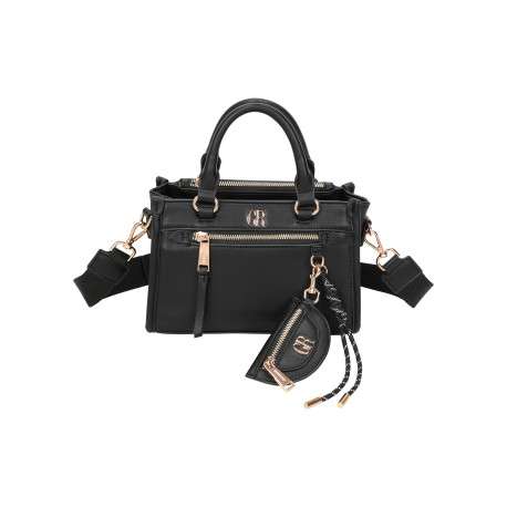Sac à main noir en simili-cuir lisse avec une mini-pochette ovale