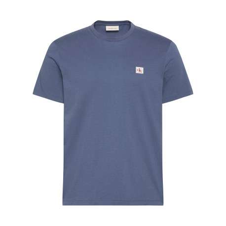 T-shirt bleu moyen à col rond en coton doté d'une coupe droite