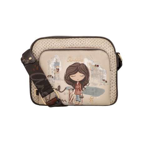 Sac à bandoulière marron et beige pourvu d'une large bandoulière réglable