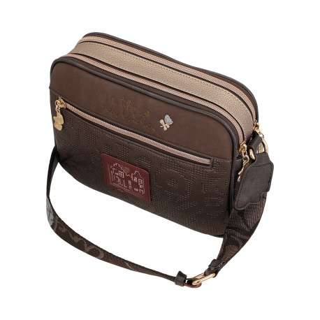 Sac à bandoulière marron et beige pourvu d'une large bandoulière réglable - Image 4