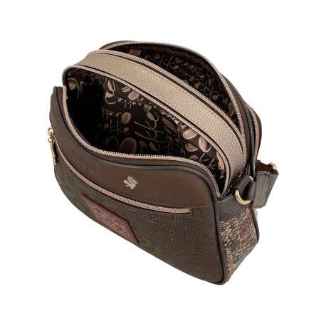Sac à bandoulière marron et beige pourvu d'une large bandoulière réglable - Image 5