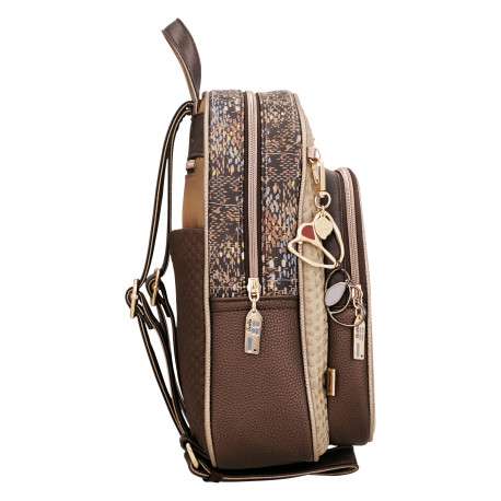Sac à dos beige à motifs pourvu de bretelles réglables et d'une anse à main - Image 3