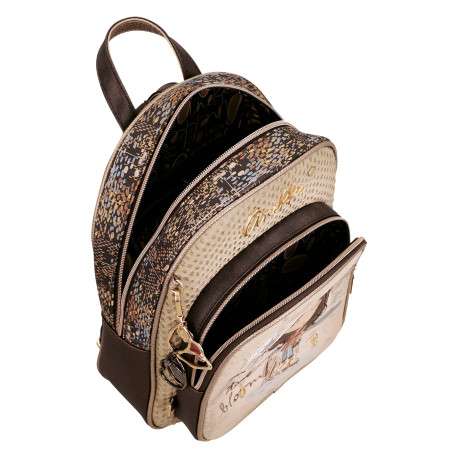 Sac à dos beige à motifs pourvu de bretelles réglables et d'une anse à main - Image 4
