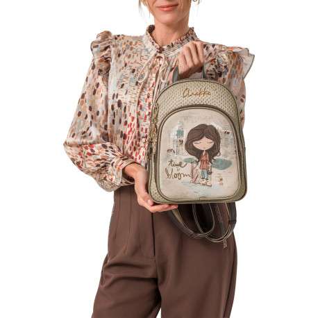 Sac à dos beige à motifs pourvu de bretelles réglables et d'une anse à main - Image 6