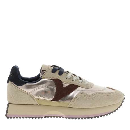 Baskets running bi-matière en cuir suédé beige et toile dorée brillante