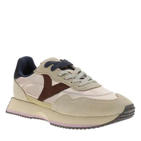 Baskets running bi-matière en cuir suédé beige et toile dorée brillante - Image 2