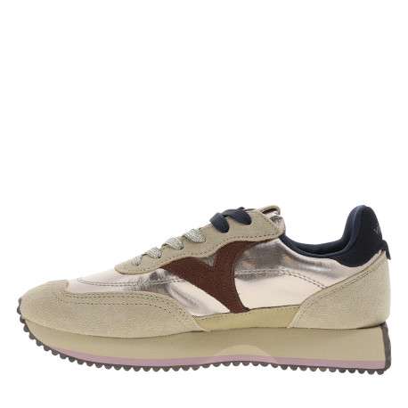 Baskets running bi-matière en cuir suédé beige et toile dorée brillante - Image 3