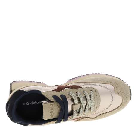 Baskets running bi-matière en cuir suédé beige et toile dorée brillante - Image 5