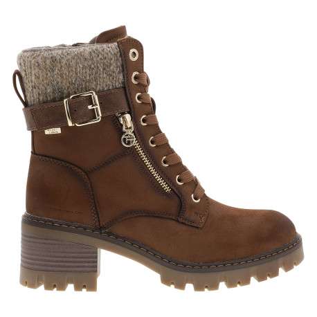 Bottines cognac à talon décroché moyen avec une boucle dorée sur la tige