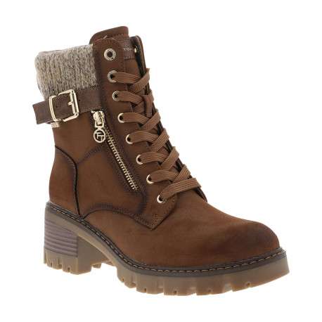 Bottines cognac à talon décroché moyen avec une boucle dorée sur la tige - Image 2