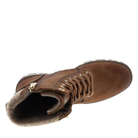 Bottines cognac à talon décroché moyen avec une boucle dorée sur la tige - Image 5