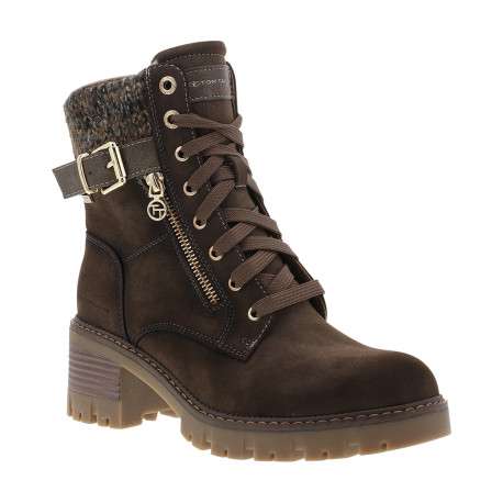 Bottines brunes à talon décroché moyen avec une boucle dorée sur la tige - Image 2