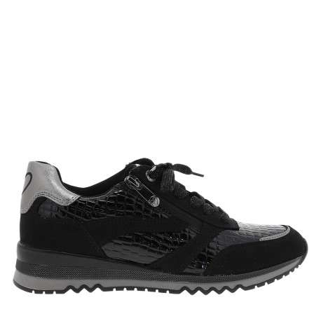 Baskets running noir vernies à talon plat dotées de lacets et d'un zip latéral