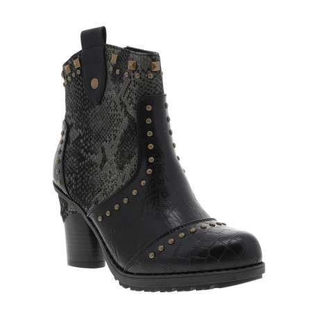 Boots noir à talon décroché haut ornées de différentes matières et de rivets - Image 2