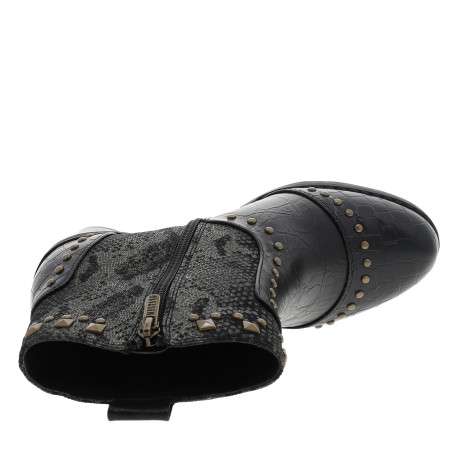 Boots noir à talon décroché haut ornées de différentes matières et de rivets - Image 5