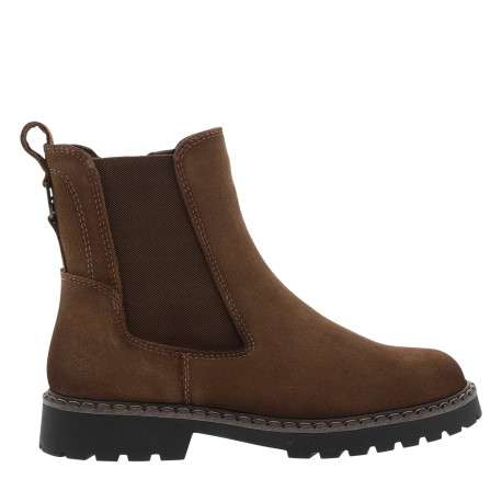 Bottines en cuir marron à talon décroché bas pourvues d'un zip latéral