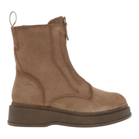 Bottines en cuir beige à talon compensé bas pourvues d'un zip latéral