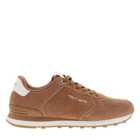 Baskets avec un revêtement en cuir nubuck camel pourvu d'un talon plat