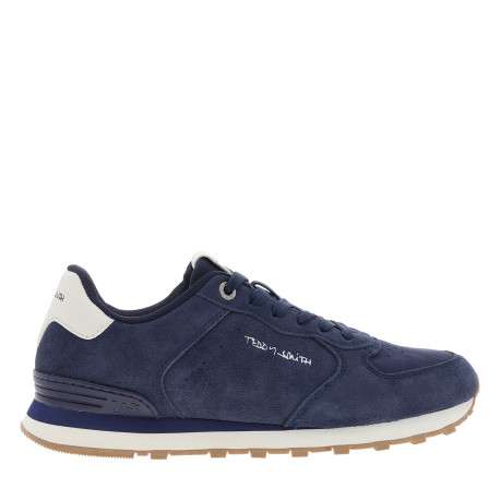 Baskets avec un revêtement en cuir nubuck bleu pourvu d'un talon plat