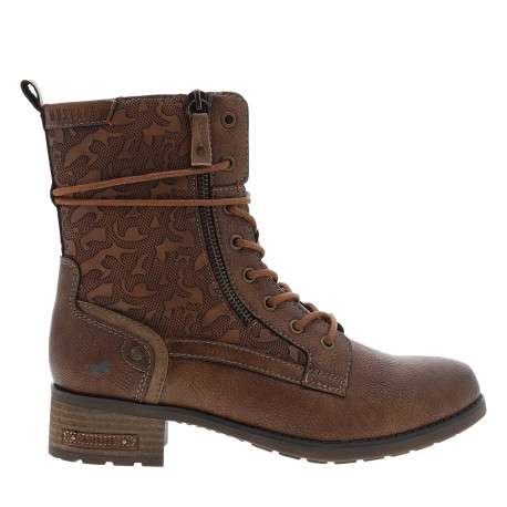 Bottines cognac à talon décroché bas munies de lacets et d'un zip latéral