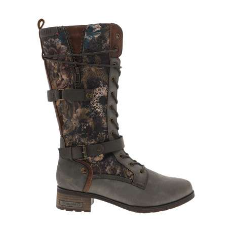 Bottes taupe ornées de motifs fleuris sur la tige avec un talon décroché bas