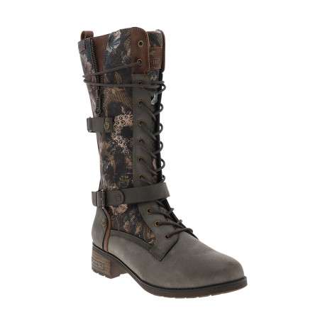 Bottes taupe ornées de motifs fleuris sur la tige avec un talon décroché bas - Image 2