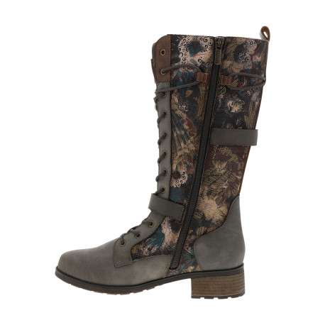 Bottes taupe ornées de motifs fleuris sur la tige avec un talon décroché bas - Image 3