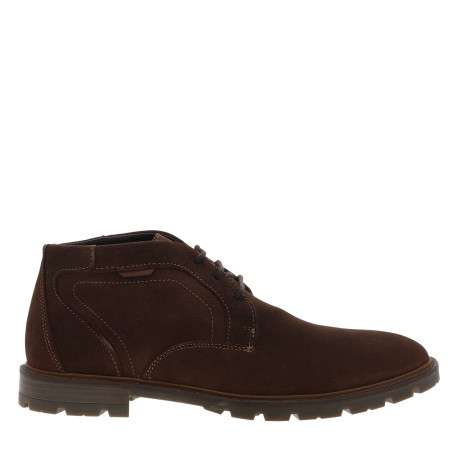 Bottines en cuir brunes avec un talon décroché bas et des lacets ronds