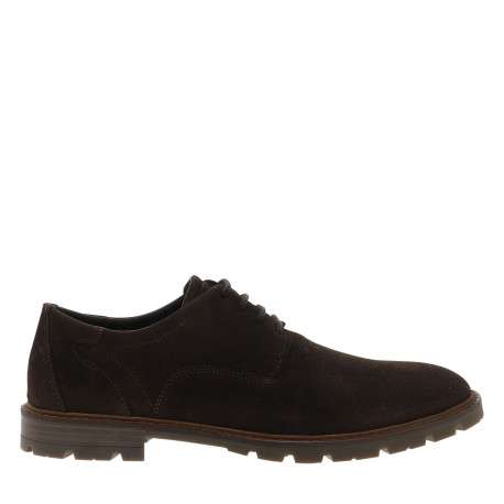 Derbies en cuir chocolat avec un talon décroché bas et des lacets ronds