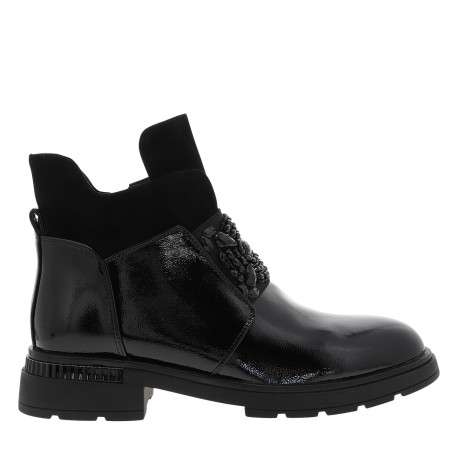 Boots en cuir noir vernies à talon décroché bas munies d'un zip