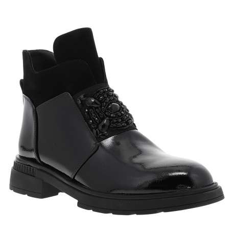 Boots en cuir noir vernies à talon décroché bas munies d'un zip - Image 2