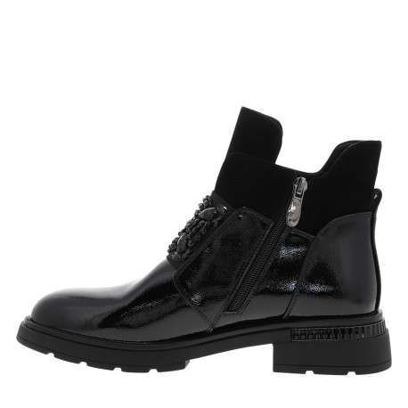 Boots en cuir noir vernies à talon décroché bas munies d'un zip - Image 3