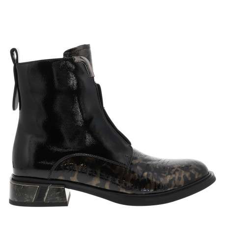 Boots en cuir noir vernies à talon décroché bas et à zip latéral