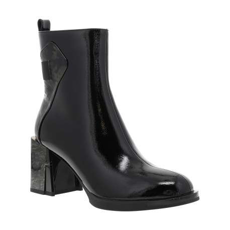 Boots en cuir noir vernies à talon décroché haut et motifs dorés - Image 2
