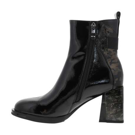 Boots en cuir noir vernies à talon décroché haut et motifs dorés - Image 3