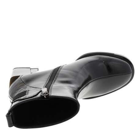 Boots en cuir noir vernies à talon décroché haut et motifs dorés - Image 5