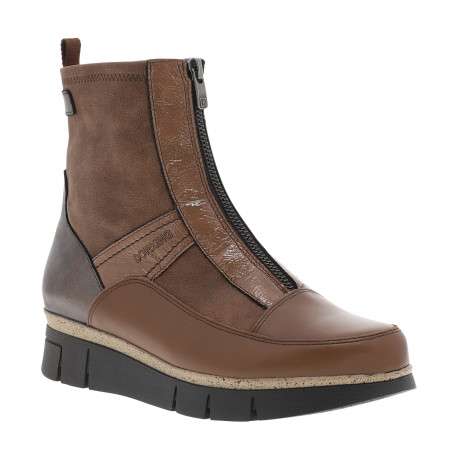 Boots en cuir camel à talon plat bi-matière pourvues d'un zip sur la tige - Image 2