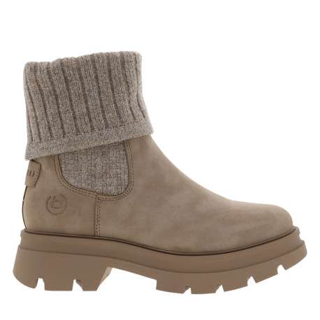 Boots taupe à talon décrochée bas et tige en tissu rabattable