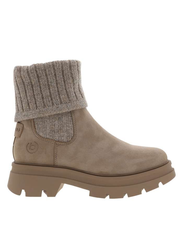 Boots taupe à talon décrochée bas et tige en tissu rabattable