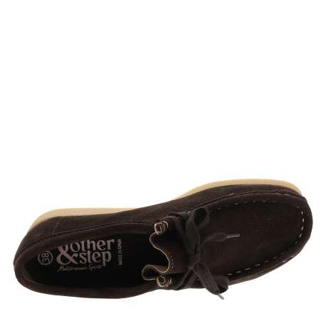 Mocassins Bee en cuir nubuck chocolat à talon plat pourvus de lacets - Image 5