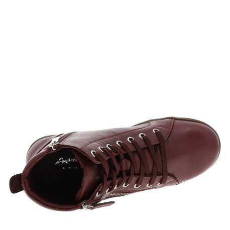 Bottines en cuir bordeaux à talon plat pourvues de lacets plats et d'un zip - Image 5