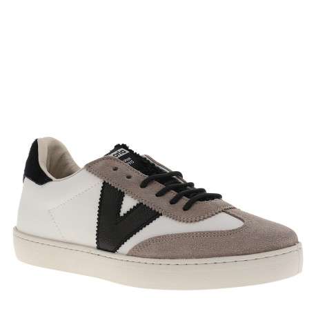 Tennis en cuir blanc avec des empiècements effet peau de pêche taupe - Image 2